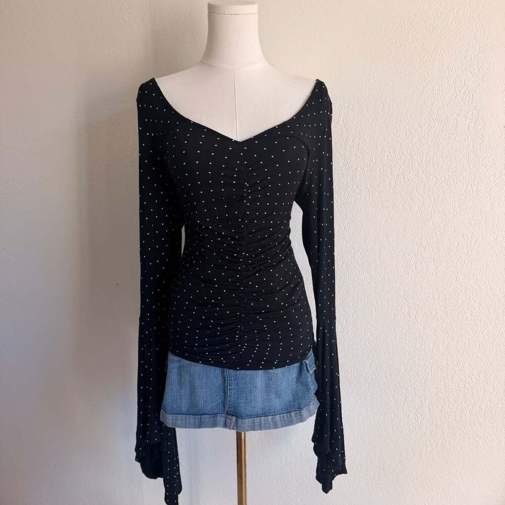 We The Free Polka Dot Long Sleeve Ruched Top Size M Black